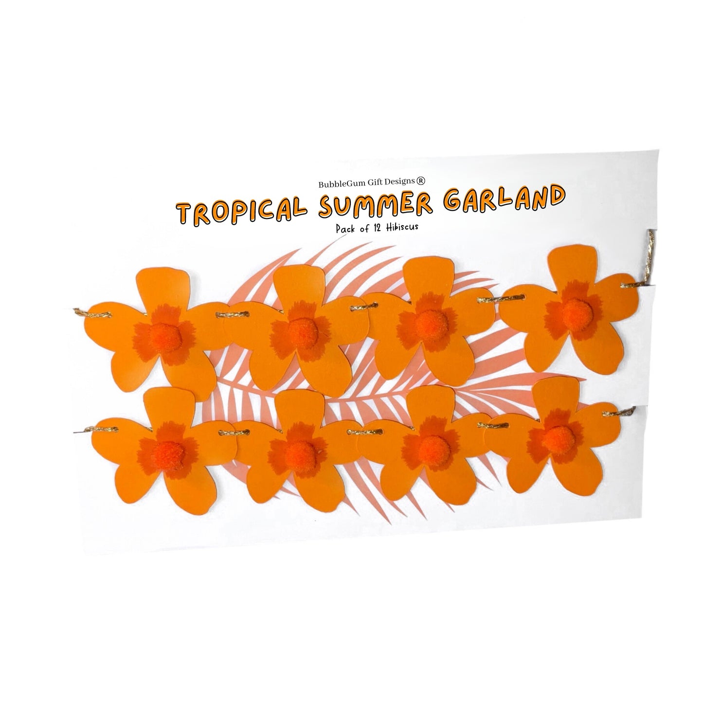 Mini Mango Hibiscus Garland – Tropical Tiki Decor with Pom Pom Centres for Summer Parties & Baby Showers