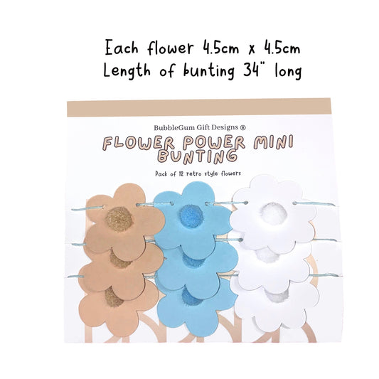 Groovy Pastel 70s Mini Flower Garland – Baby Blue & Beige Daisy Bunting with Fun Pom Pom Centres