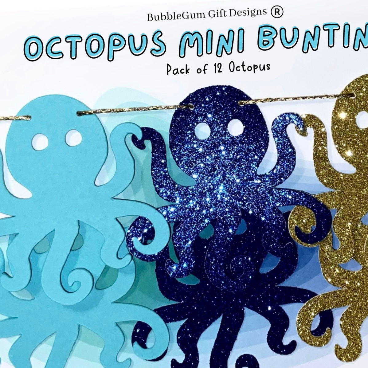 Mini glitter octopus bunting, Nautical baby shower or under the sea birthday decorations, Cute octopus in ocean blues and gold