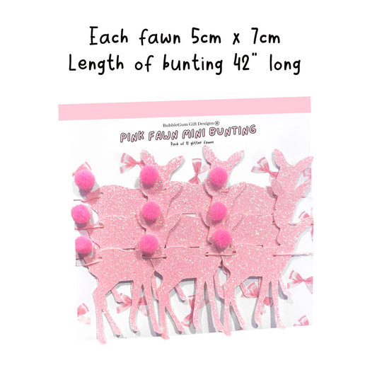 Pink glitter Fawn Christmas mini bunting garland with pink pom poms, kitsch deer retro style