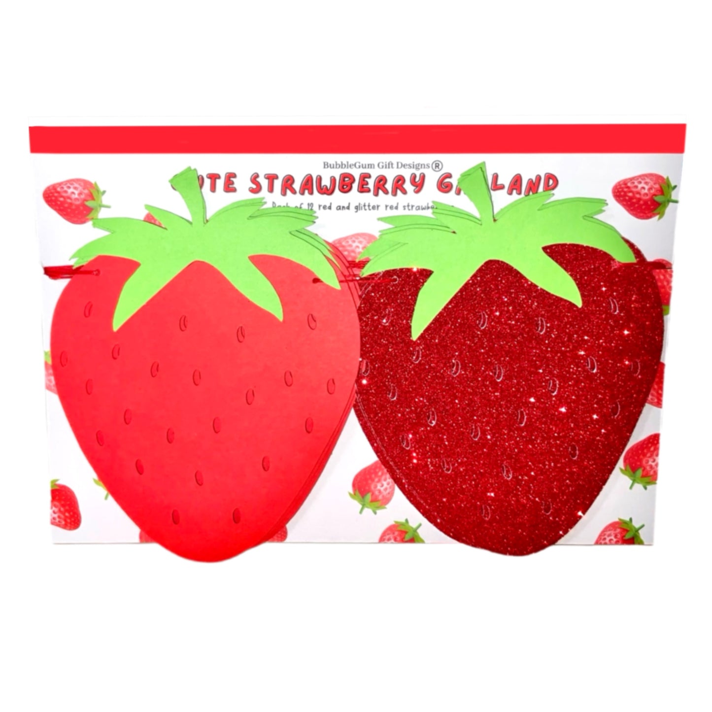 Juicy strawberry decorations strung on red cord, ready to hang