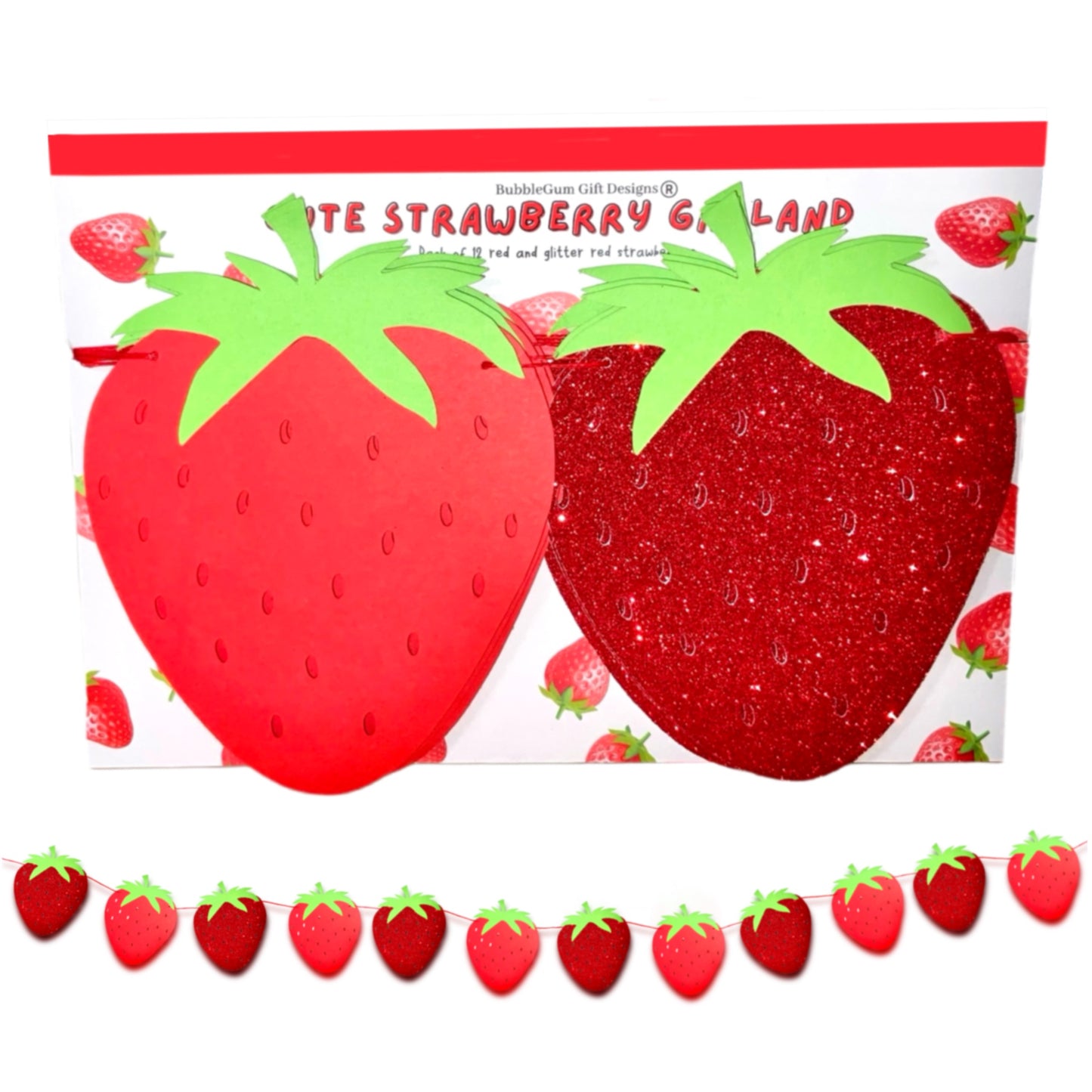 Red strawberry party bunting with glitter accents for berry first birthday