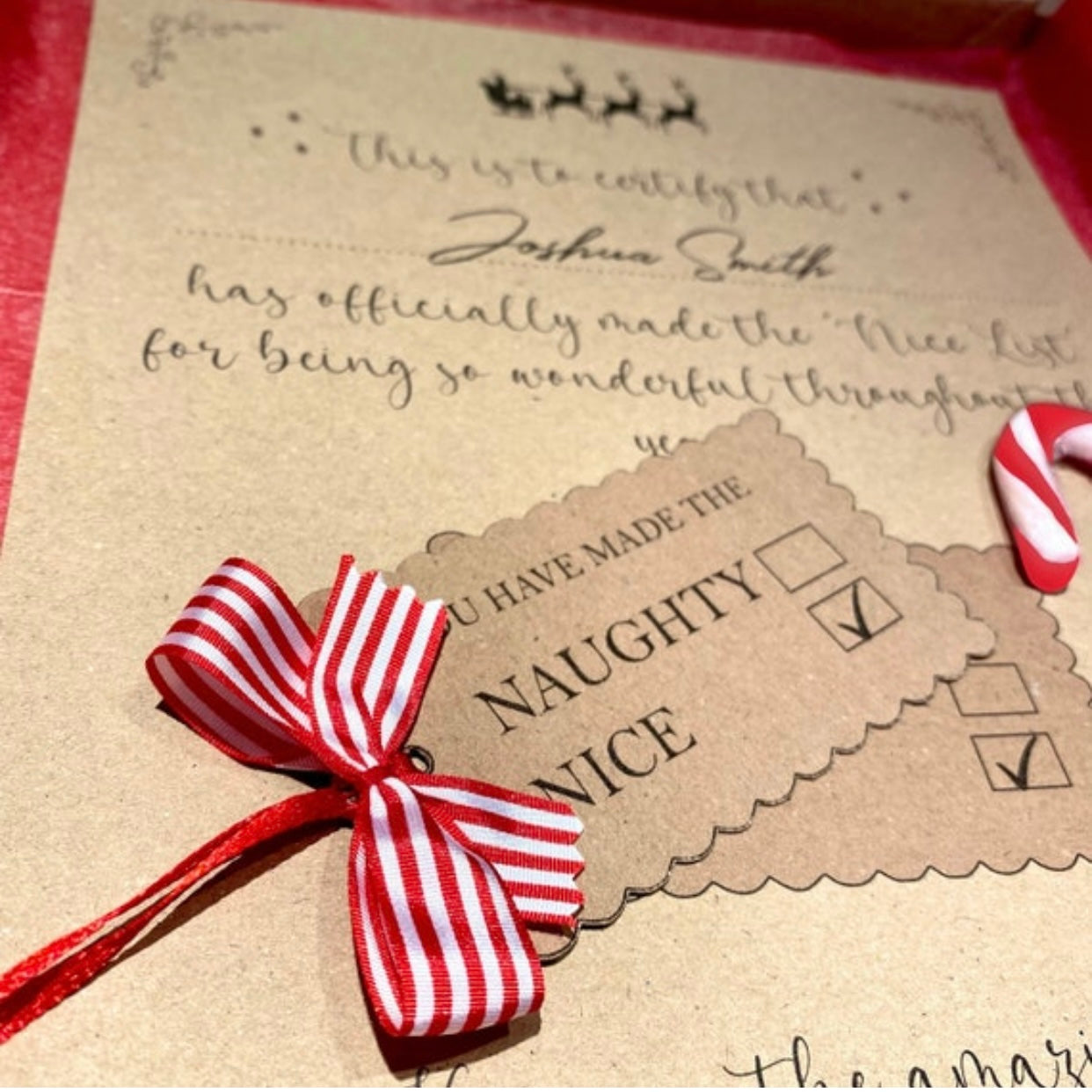 Close-up of Naughty or Nice tag with red and white striped bow, part of personalised Santa letter gift set