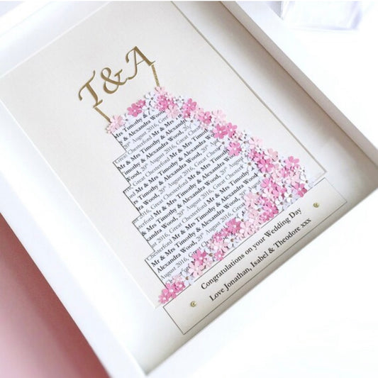 Floral wedding cake personalised print, wedding gift for couple, with date, pretty flowers and gold initials