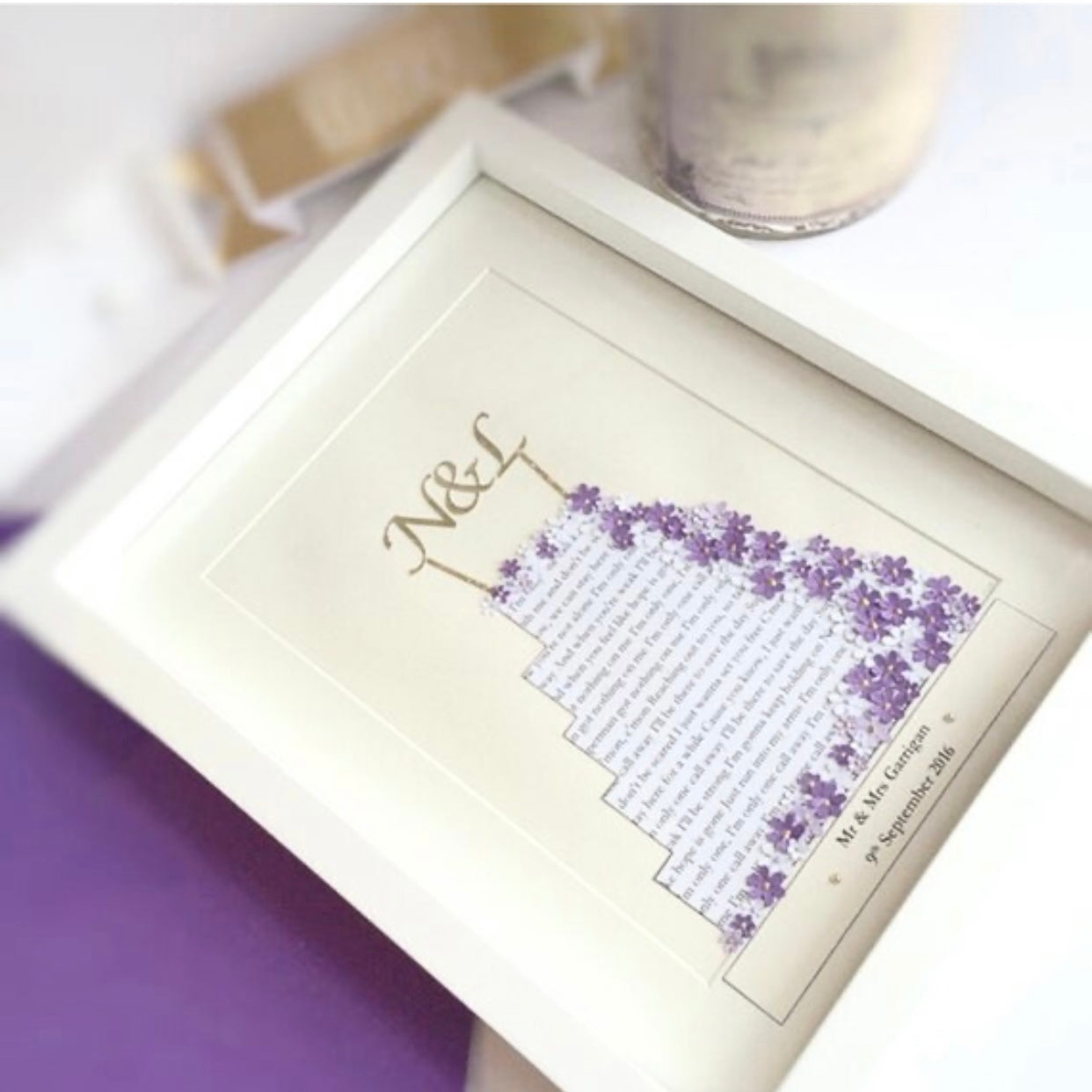 Floral wedding cake personalised print, wedding gift for couple, with date, pretty flowers and gold initials