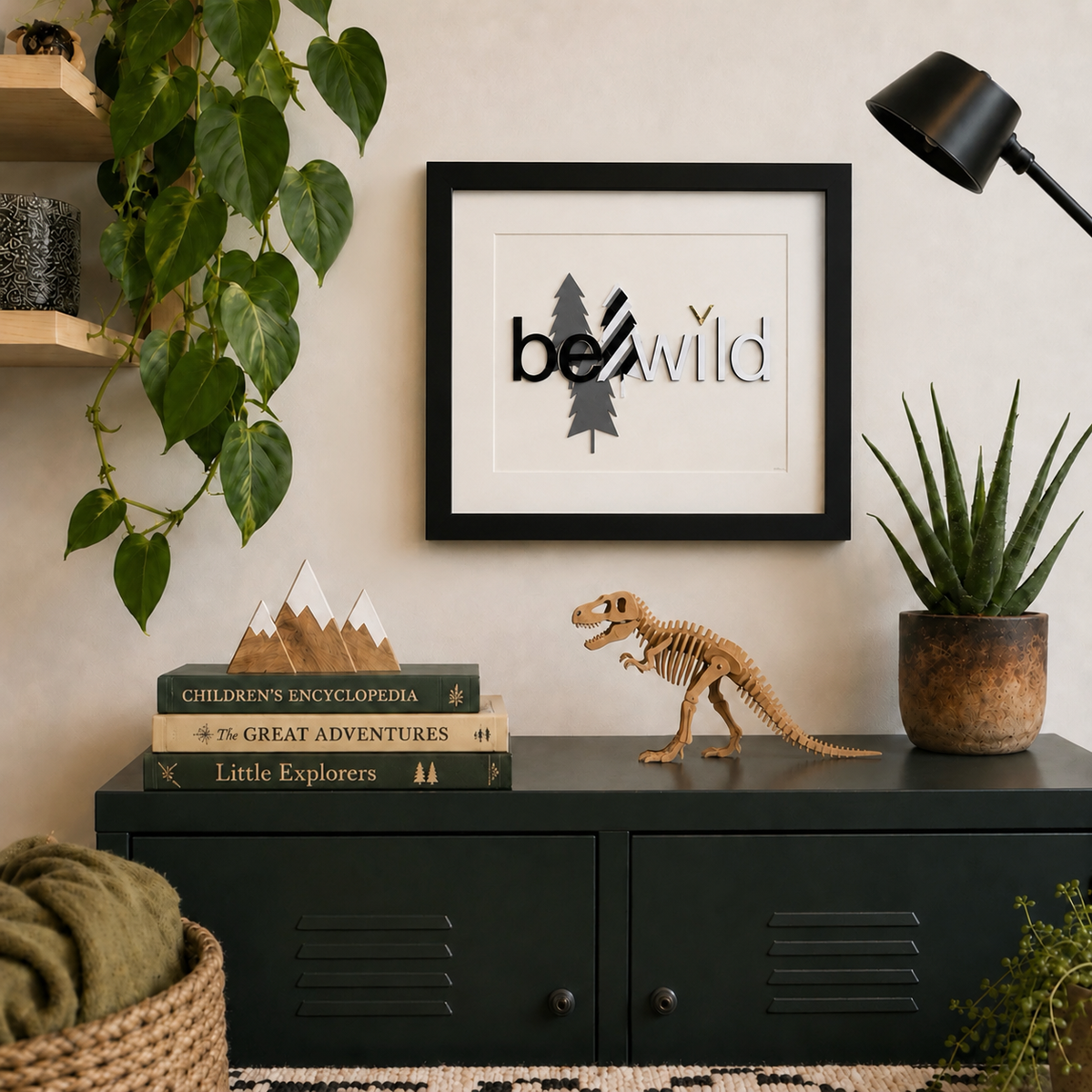 Kids room art quote black and white layered typography minimalist wall art ‘Be Wild’ handmade