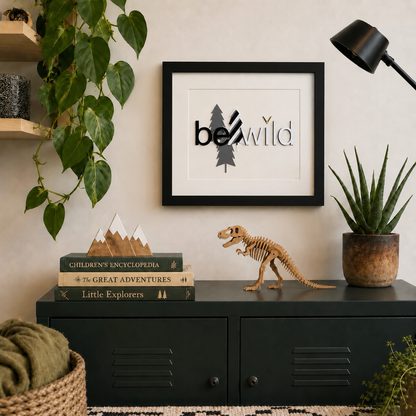 Kids room art quote black and white layered typography minimalist wall art ‘Be Wild’ handmade