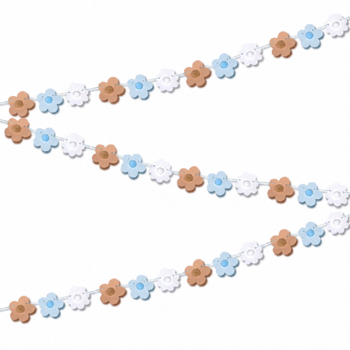 Mini neutral flower garland basket decorations Blue and white and beige floral 70s daisy bunting with pompoms, Birthday baby decor