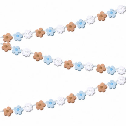 Mini neutral flower garland basket decorations Blue and white and beige floral 70s daisy bunting with pompoms, Birthday baby decor