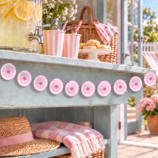 Pink Lemon Bunting with Pom-Poms – Citrus Baby Shower Garland