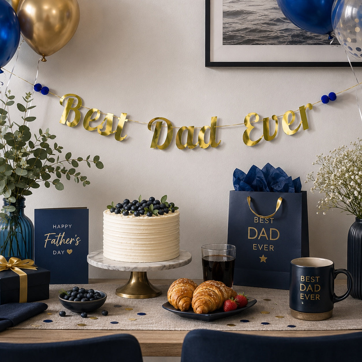 Shiny gold Best Dad Ever sign Wall hanging decoration for Father's Day bunting for dad with cute blue pom poms