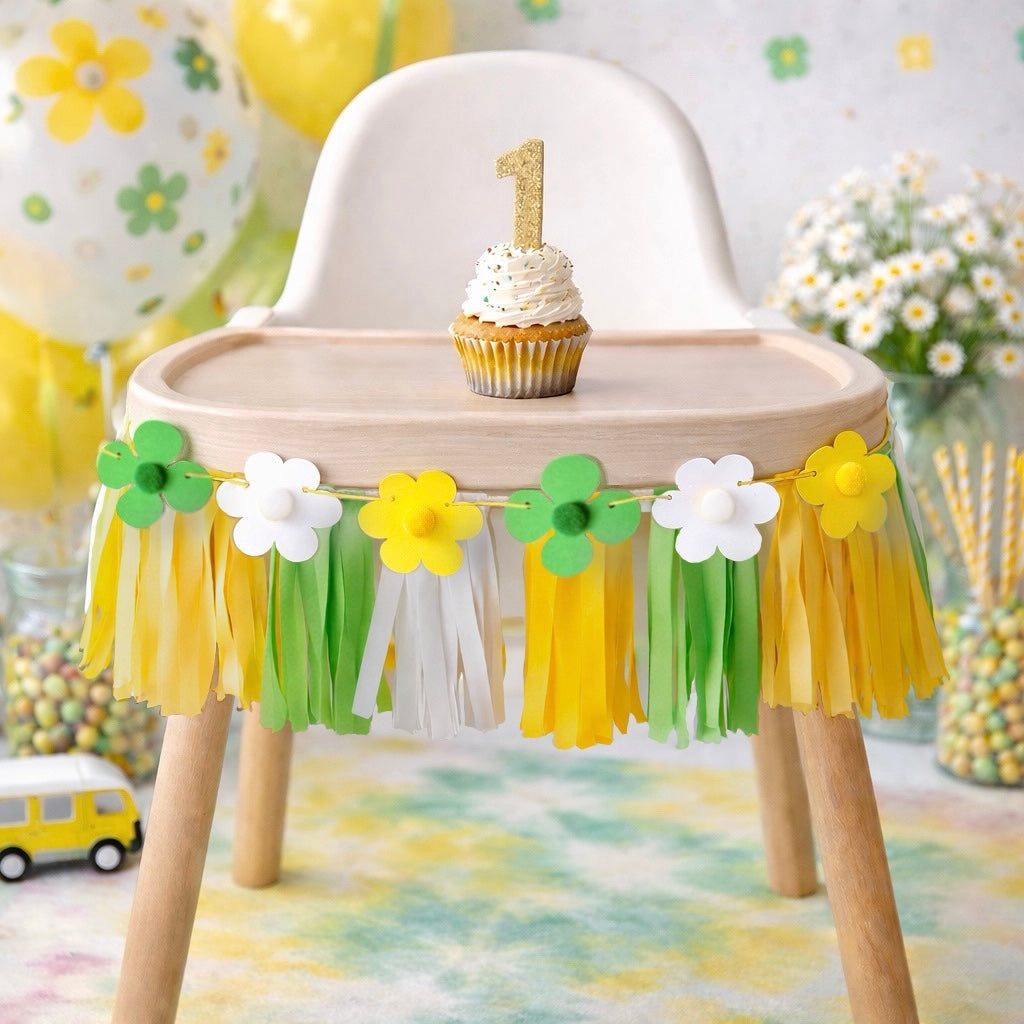 Mini retro daisy bunting Flower power groovy one garland Springtime 1st birthday floral decoration with pom pom centres