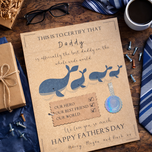 Fathers Day gift from kids Best dad in the world custom award certificate Whale themed gift for daddy