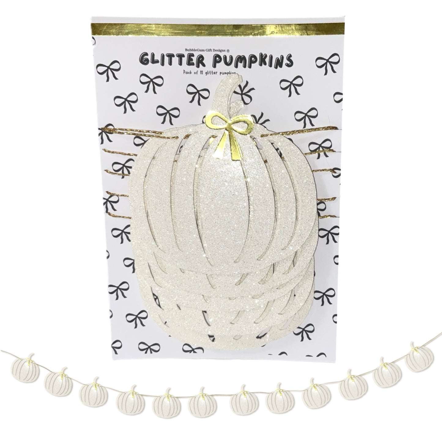 Farmhouse white pumpkin garland with gold bows, Autumn glitter fall pumpkin or Halloween decoration