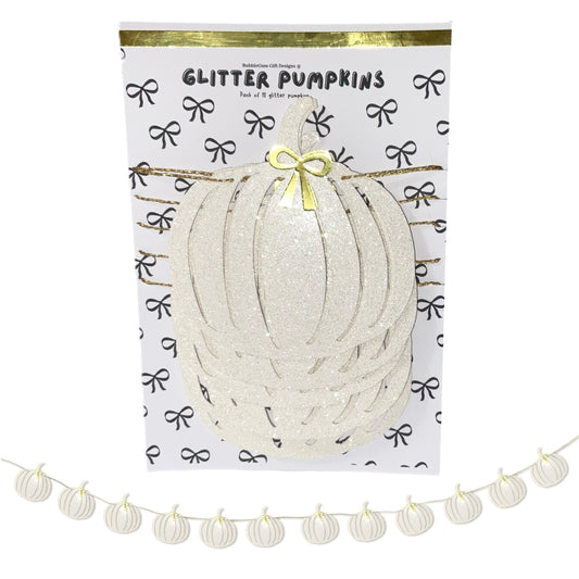 Farmhouse white pumpkin garland with gold bows, Autumn glitter fall pumpkin or Halloween decoration