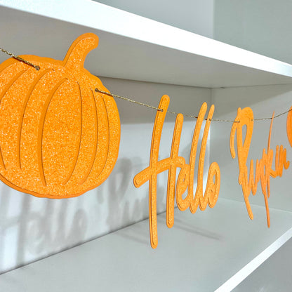 Hello pumpkin baby shower banner, Autumn orange glitter sign, Cozy fall themed gender reveal decoration with pumpkins