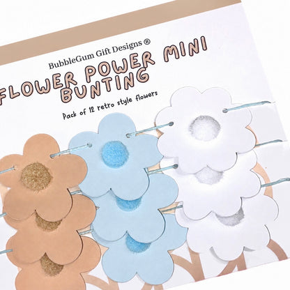 Mini neutral flower garland basket decorations Blue and white and beige floral 70s daisy bunting with pompoms, Birthday baby decor
