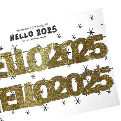 Hello 2025 New Year gold glitter mini bunting, New Years Eve decoration sparkly lettering NYE 2024