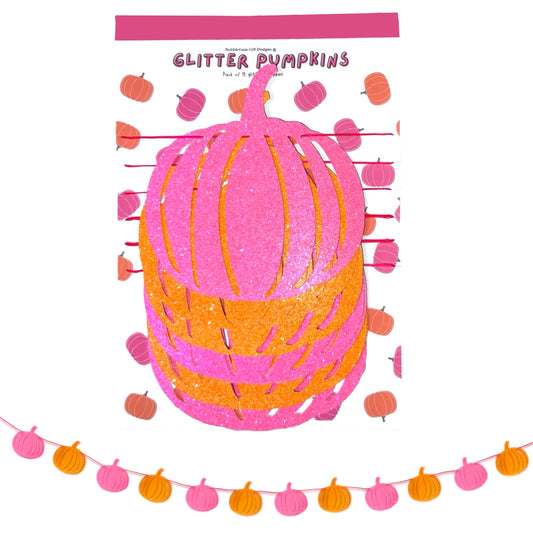 Neon pink orange glitter pumpkin garland, October pumpkin birthday 90s Halloween wall decor