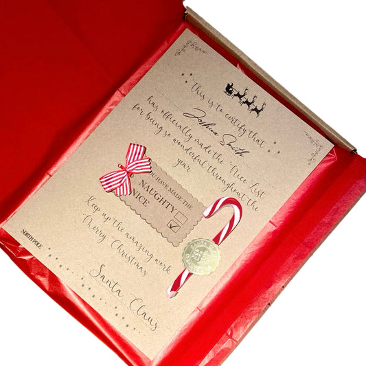Personalised Santa letter printed on A4 recycled card with shiny gold stamp design, Naughty or Nice list tag, and a real candy cane sweet