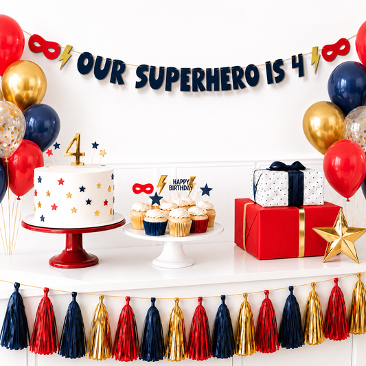 Our superhero is... Birthday age bunting with gold lightning bolt and eye mask personalised