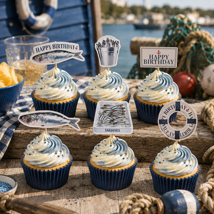 Sardine cupcake toppers nautical theme birthday party Funny seaside fish cupcake decorations