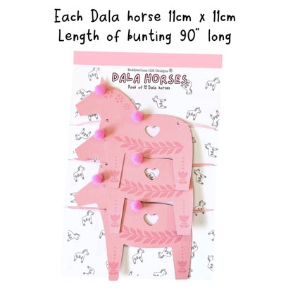 Pink Swedish Dala horse bunting with pink Pom Poms Pretty Scandinavian holiday home decoration, Magical folk art wall hanging Christmas horse