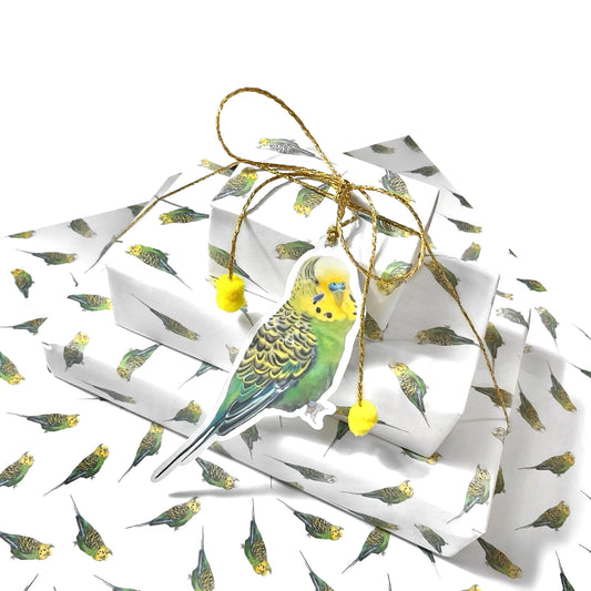 Single sheet cute A3 budgie wrapping paper pack with gold twine and yellow Pom Poms FSC paper 80 gsm