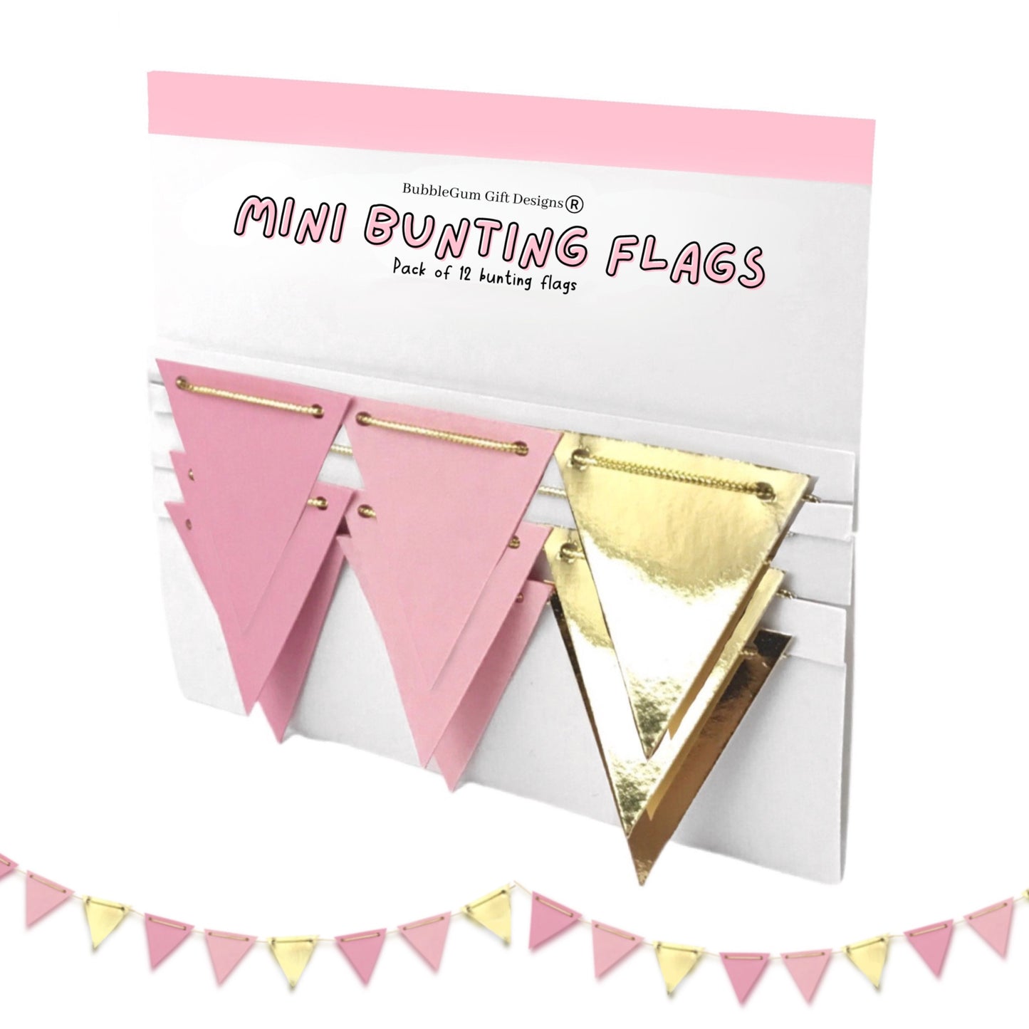 Pink and gold mini bunting flags, Pretty Mothers Day tea party decorations, Tiered tray decor, Breakfast in bed for mum