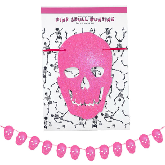 Neon pink glitter skull banner, Sparkly pink skull Halloween garland, Creepy cute skeleton skulls