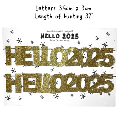 Hello 2025 New Year gold glitter mini bunting, New Years Eve decoration sparkly lettering NYE 2024