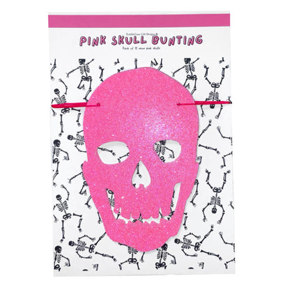 Neon pink glitter skull banner, Sparkly pink skull Halloween garland, Creepy cute skeleton skulls