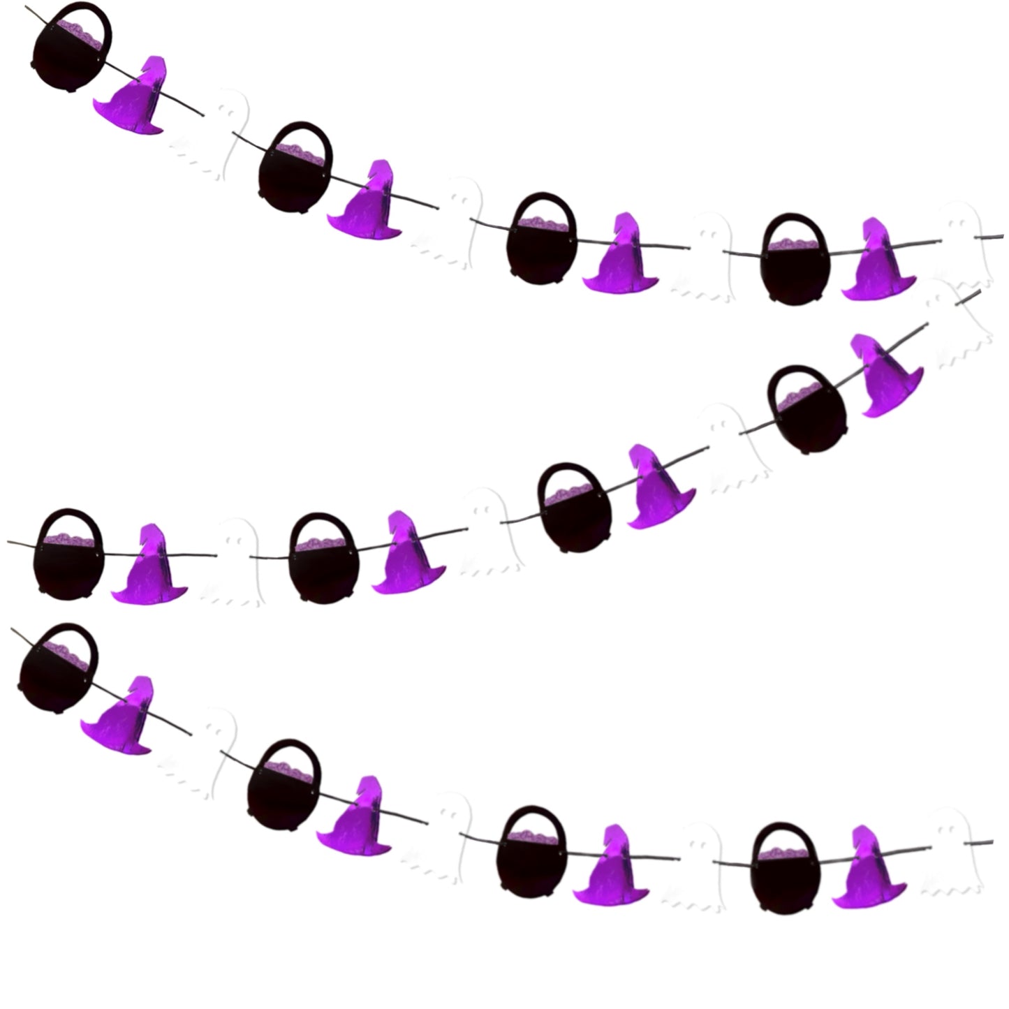 Mini Halloween garland, Black cauldron, purple witches hat and ghosts, Spooky cute decoration for Halloween