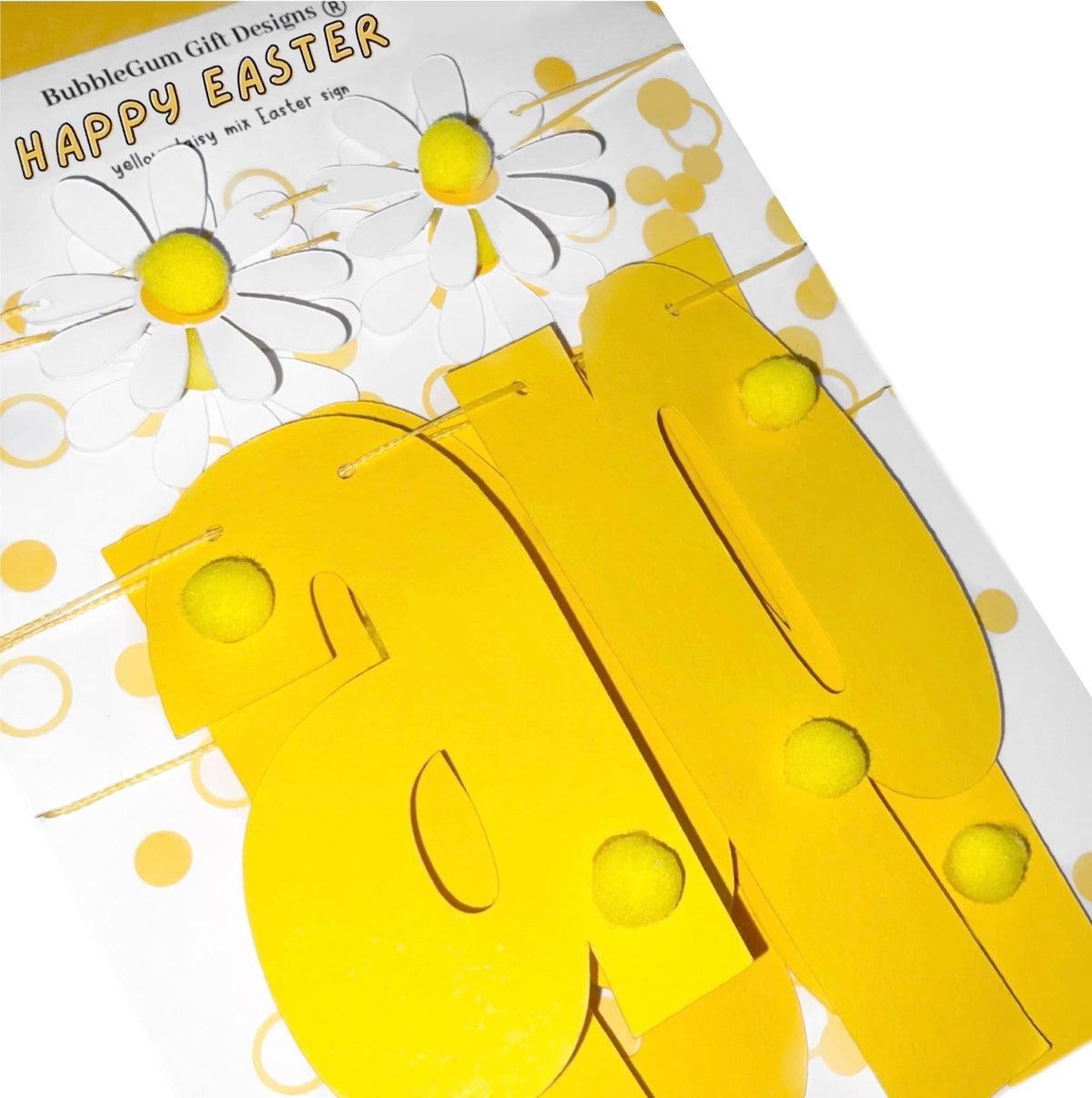 Cute Happy Easter sign, yellow Easter garland with pom poms and daisies ready assembled