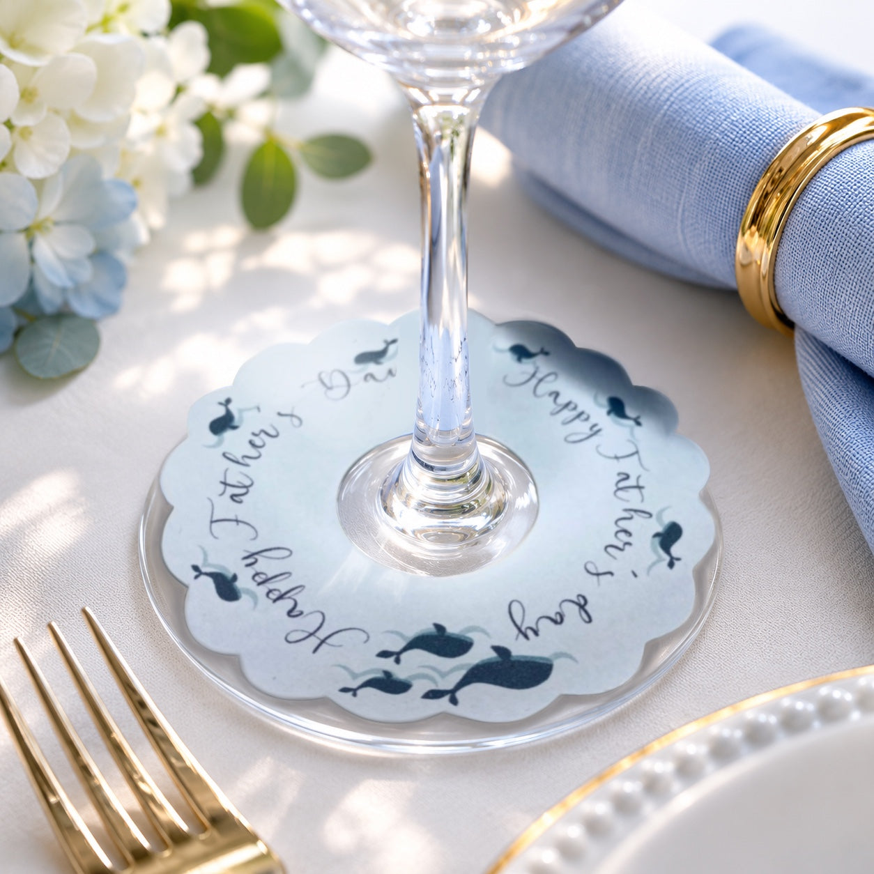 Glass collars Fathers Day table decoration whale edition with scalloped edge