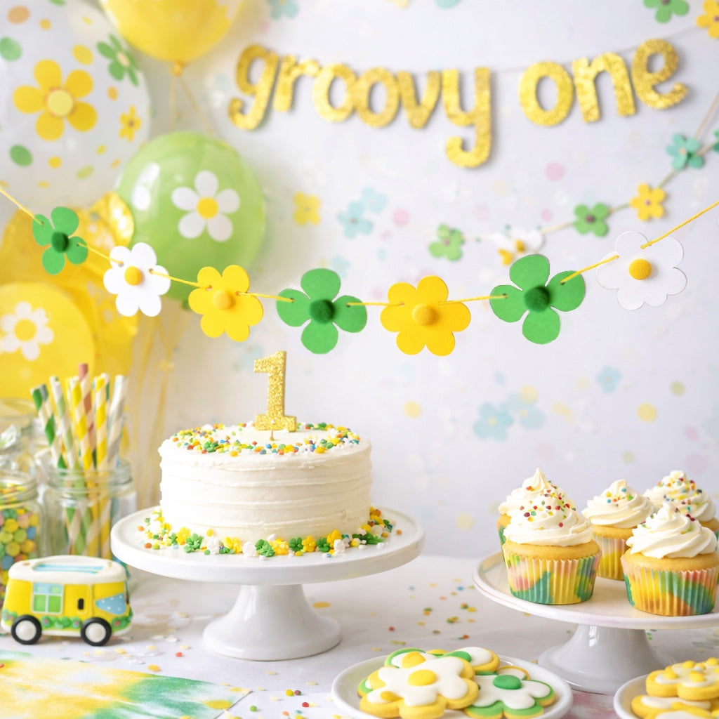 Mini retro daisy bunting Flower power groovy one garland Springtime 1st birthday floral decoration with pom pom centres