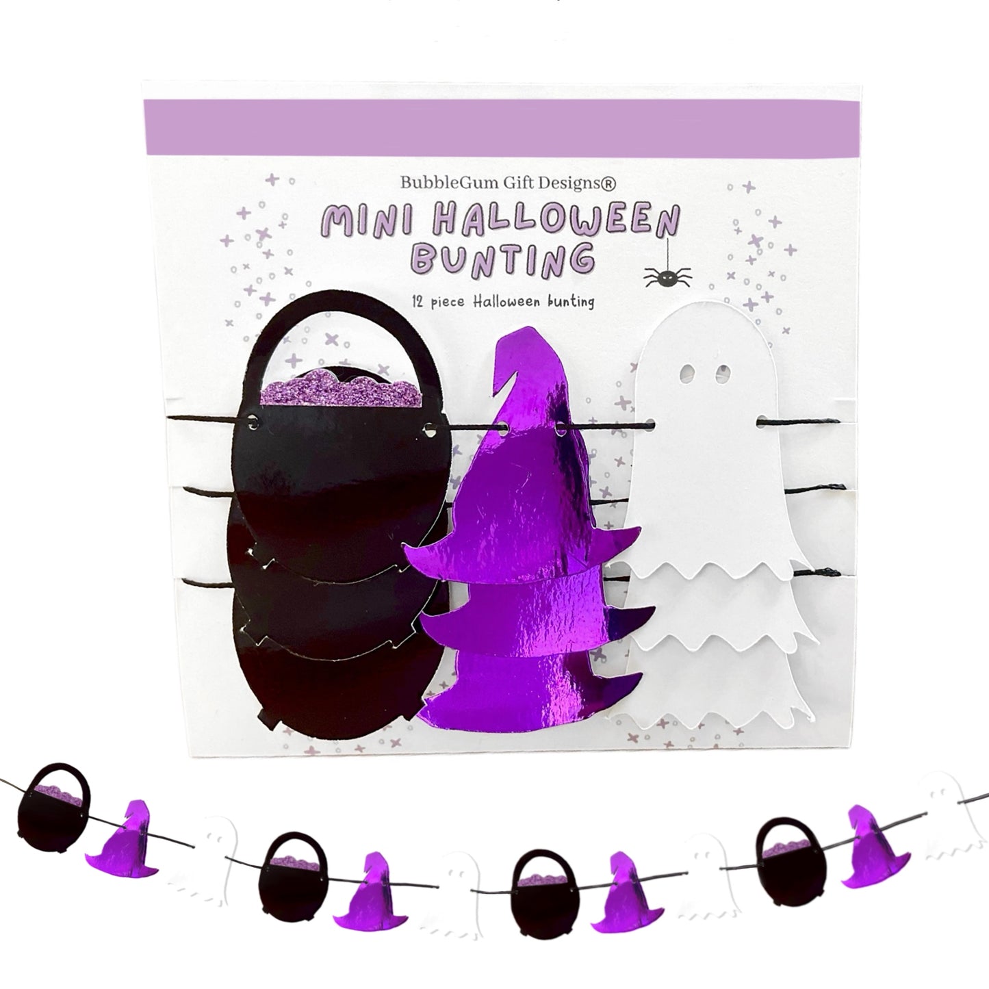 Mini Halloween garland, Black cauldron, purple witches hat and ghosts, Spooky cute decoration for Halloween