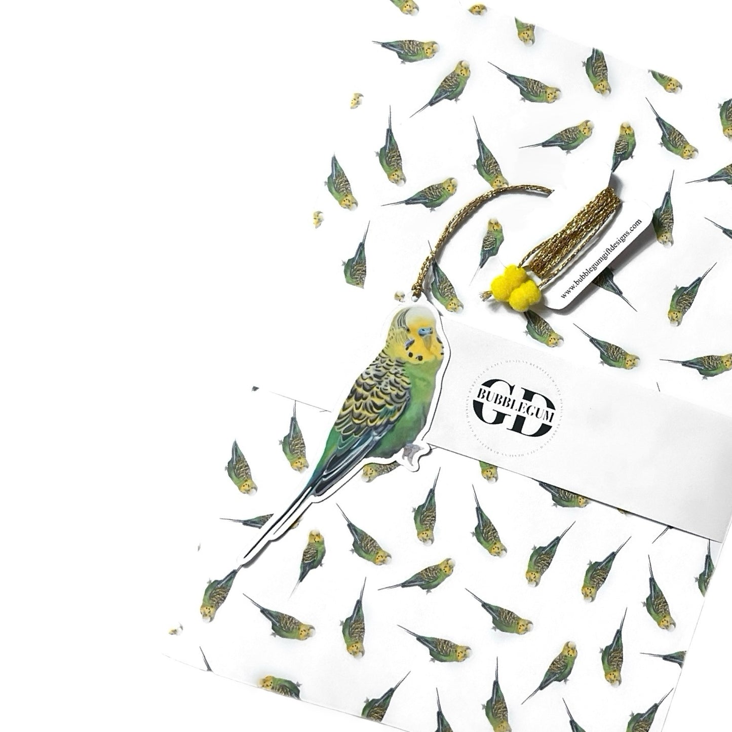 Single sheet cute A3 budgie wrapping paper pack with gold twine and yellow Pom Poms FSC paper 80 gsm