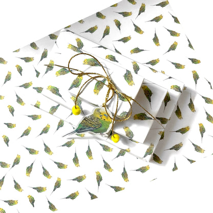 Single sheet cute A3 budgie wrapping paper pack with gold twine and yellow Pom Poms FSC paper 80 gsm