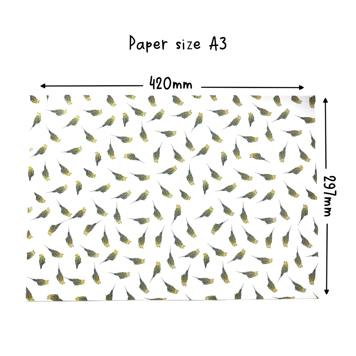 Single sheet cute A3 budgie wrapping paper pack with gold twine and yellow Pom Poms FSC paper 80 gsm