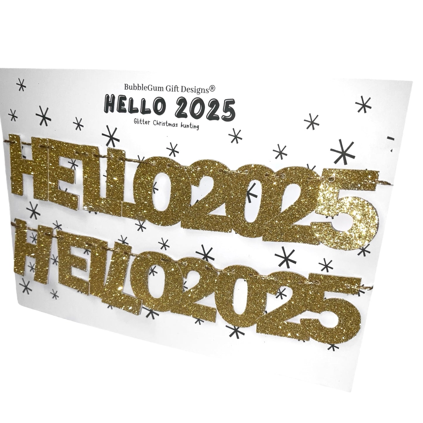 Hello 2025 New Year gold glitter mini bunting, New Years Eve decoration sparkly lettering NYE 2024