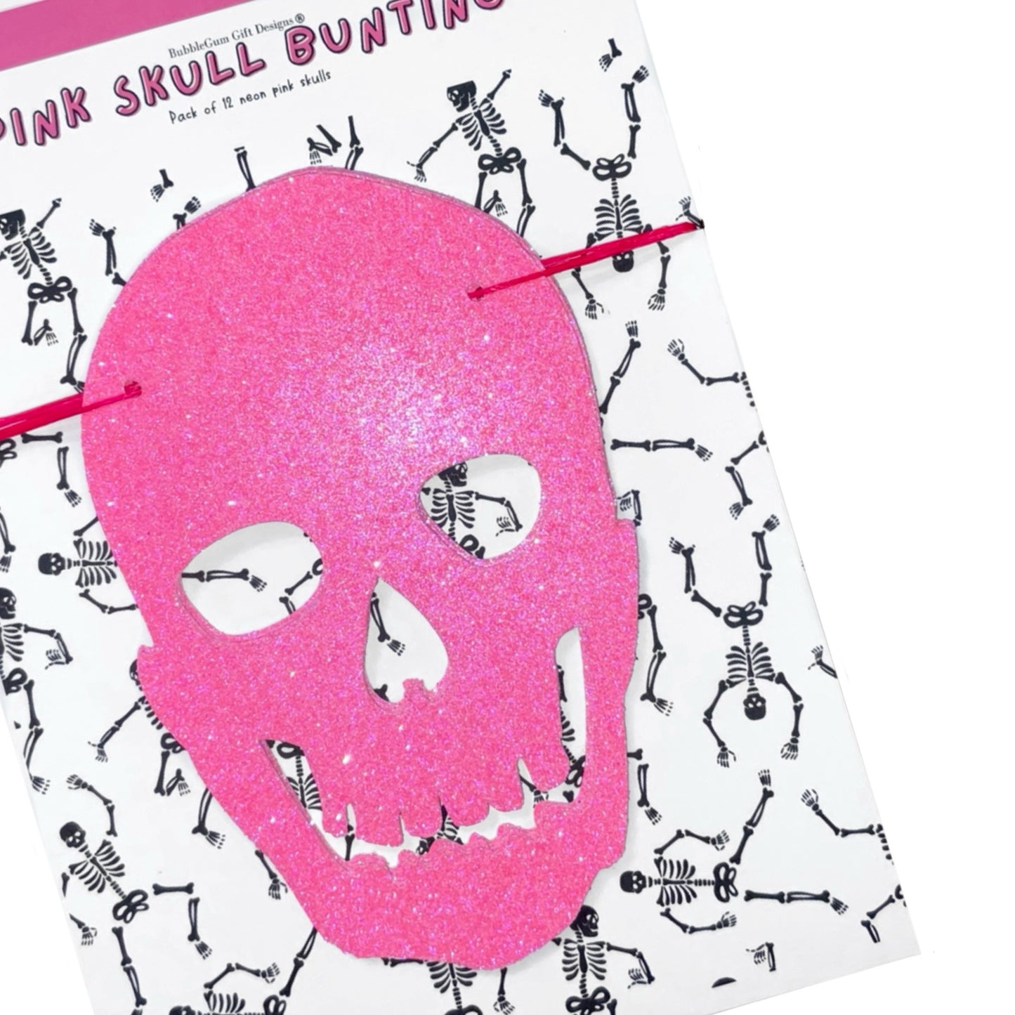 Neon pink glitter skull banner, Sparkly pink skull Halloween garland, Creepy cute skeleton skulls