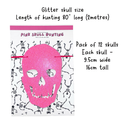 Neon pink glitter skull banner, Sparkly pink skull Halloween garland, Creepy cute skeleton skulls