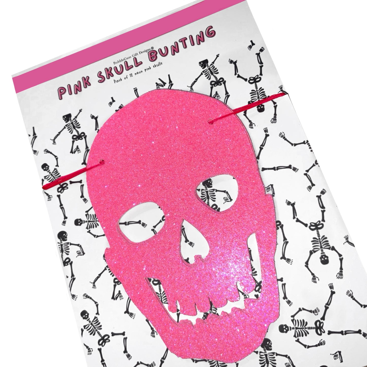 Neon pink glitter skull banner, Sparkly pink skull Halloween garland, Creepy cute skeleton skulls