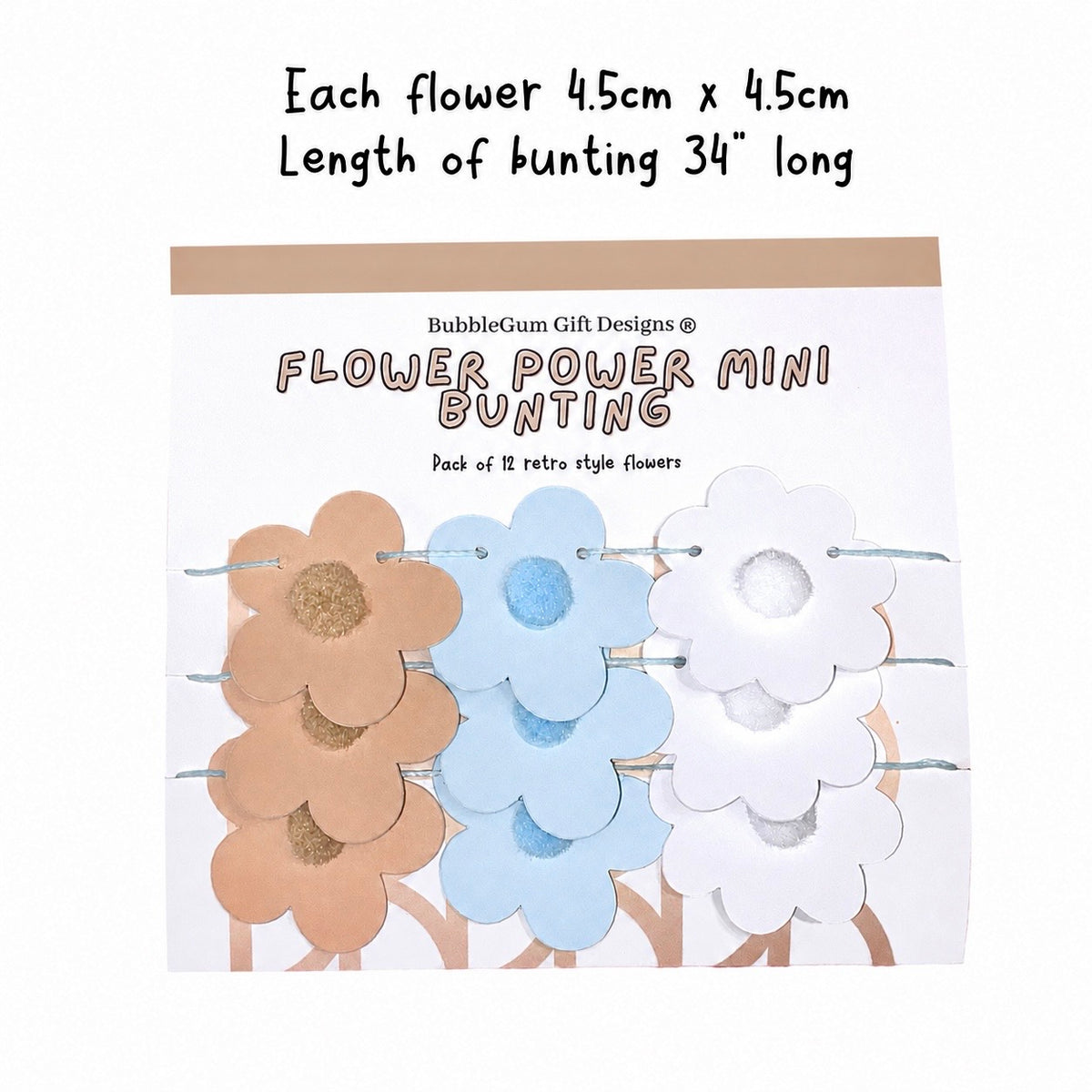 Mini neutral flower garland basket decorations Blue and white and beige floral 70s daisy bunting with pompoms, Birthday baby decor