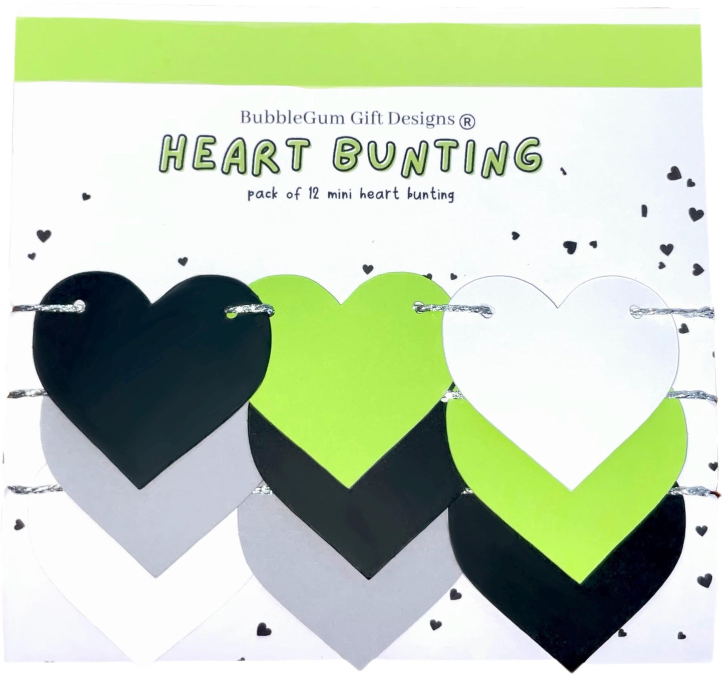 Agender pride month decorations Black white grey green love heart bunting Colour block heart garland Genderless pride wall decor