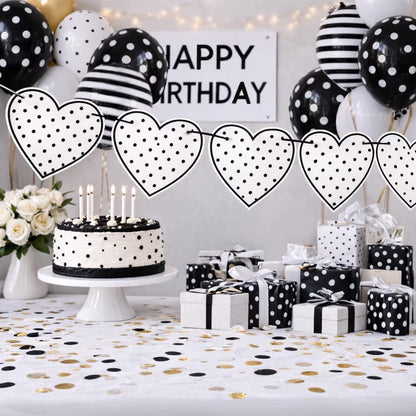 Polka dot heart garland Spotted black and white birthday decorations Monochrome party bunting Choose size