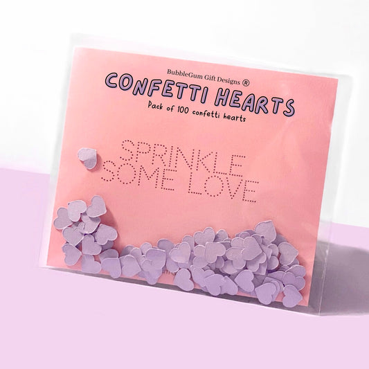 Lavender paper heart confetti in bags, Pastel table confetti hearts, First Valentines Day ideas, At home date night heart decoration