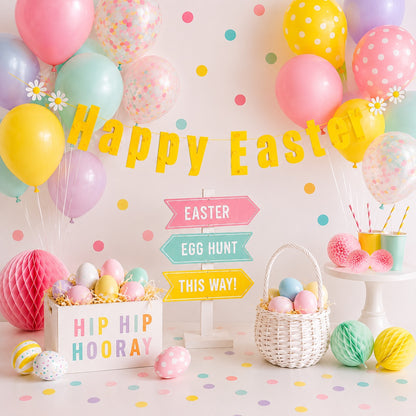 Cute Happy Easter sign, yellow Easter garland with pom poms and daisies ready assembled