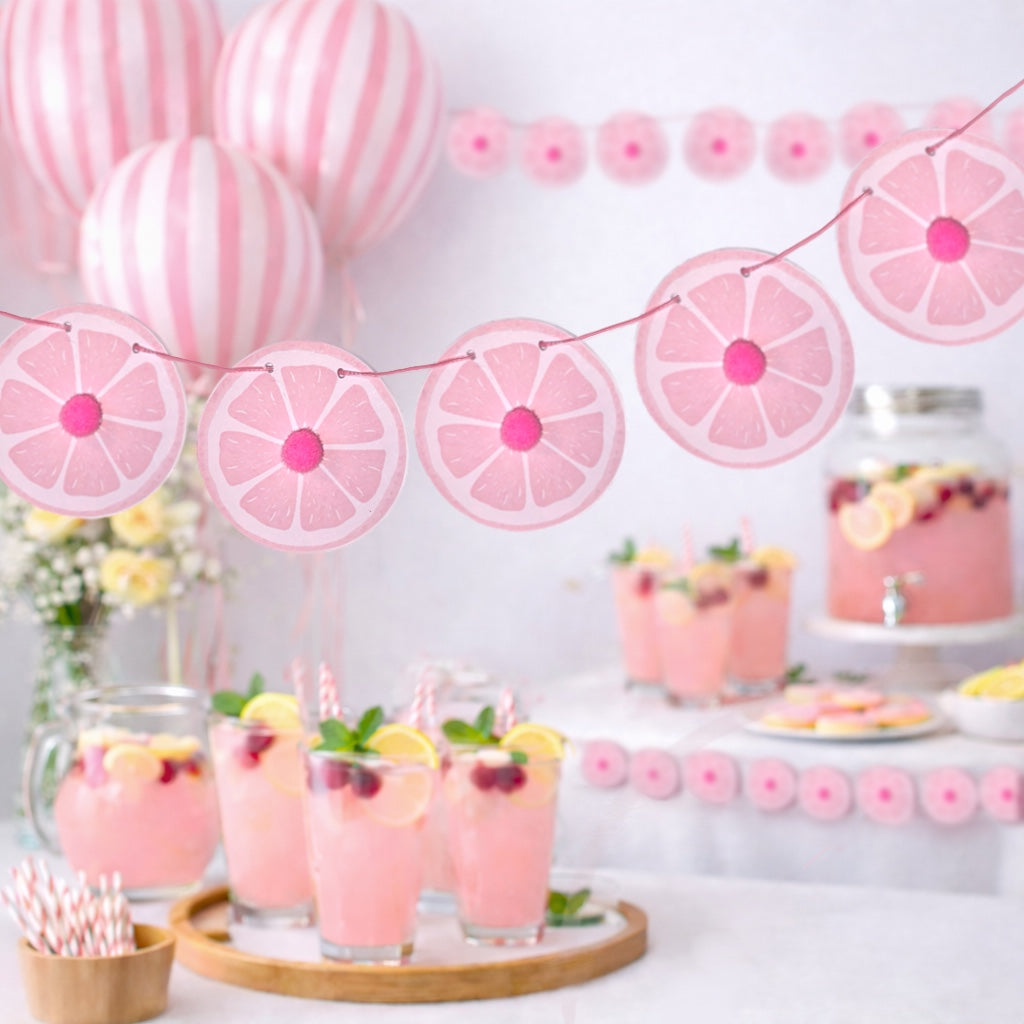 Pink lemon mini garland with pom poms Lemon decor for pink lemonade party or Summer Birthday Mini lemon
